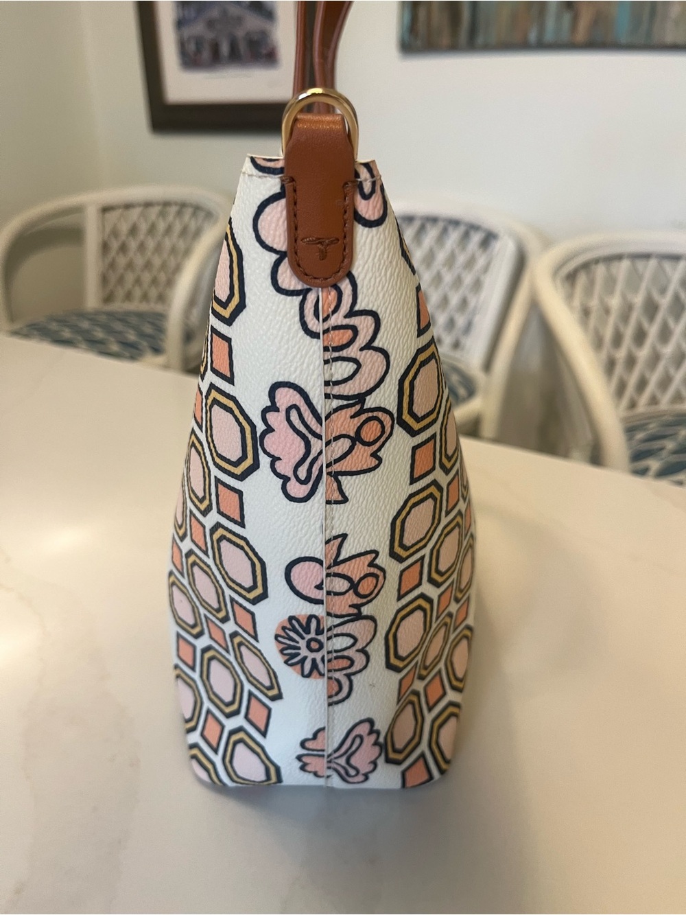 Tory Burch Cream Canvas Floral-Print Tote with Tan Leather Handles - Picture 3 of 15
